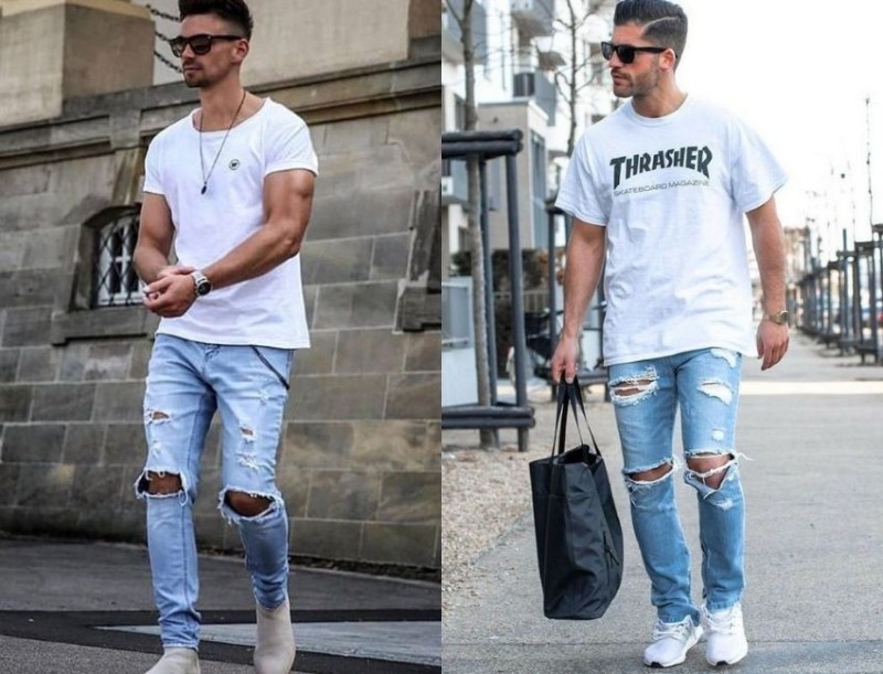 Áo thun và quần jean rách rất thân thuộc với các chàng trai.